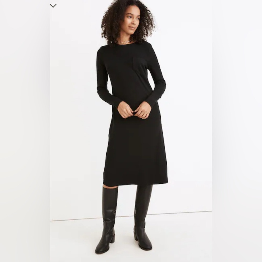 New Madewell Long Sleeve Crewneck Pocket Tee Dress Black Medium